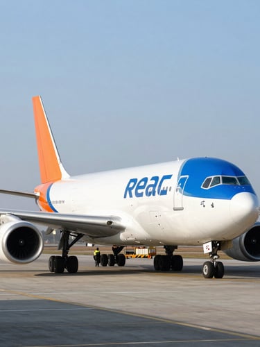 A modern commercial cargo aircraft parked on a bright runway during crisp morning light, logistics crew preparing loading operations in the background
