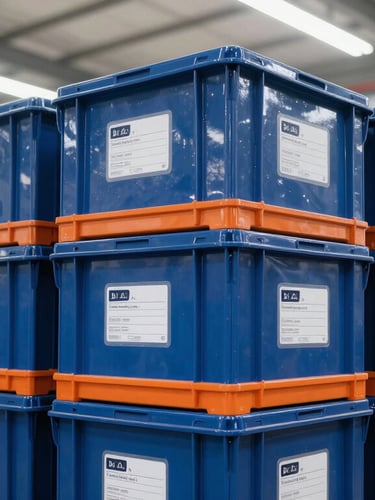 Close-up of secure, labeled shipping crates stacked in a bright, modern high-bay warehouse under crisp industrial lighting.