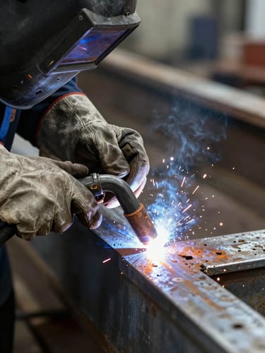Extreme close-up of a welder's gloved hands guiding a MIG torch along a steel seam inside a shipyard hull, overhead work lights casting sharp shadows on the weld bead, natural industrial conditions, no studio lighting, documentary framing