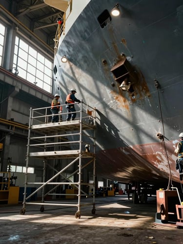 Wide environmental shot inside a shipyard dry-dock, a crew of workers on scaffolding performing surface preparation on a vessel hull, overhead work-lights casting hard shadows across the steel, no faces visible, rough industrial site conditions — natural daylight filtering through high warehouse openings on the left, dark receding structure on the right