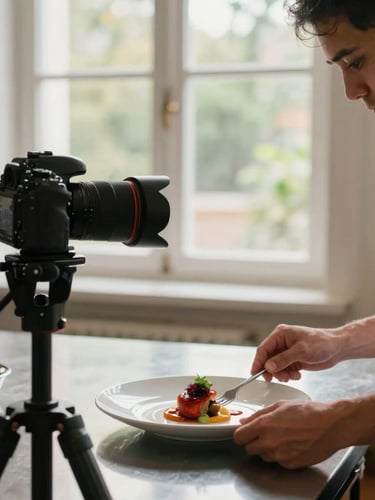A professional camera on a tripod capturing a chef plating a dish in a bright kitchen, natural window light, 35mm
