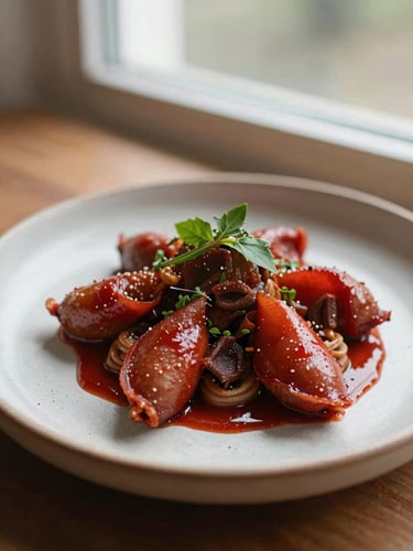 Close-up of a beautifully plated seasonal dish on a rustic ceramic plate, soft natural window light, warm crimson tones, 35mm photography