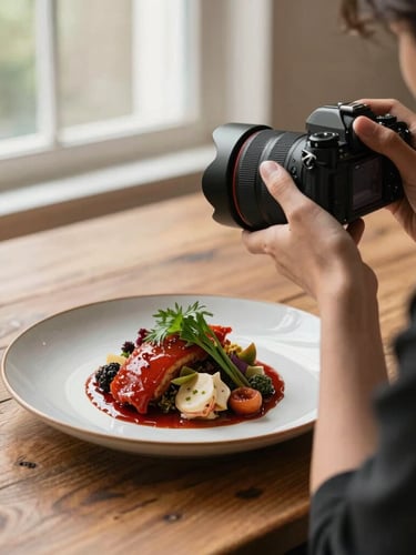 Over-the-shoulder shot of a photographer adjusting a camera lens over a beautifully plated seasonal dish on a rustic wooden table, soft natural window light, warm crimson tones, 35mm