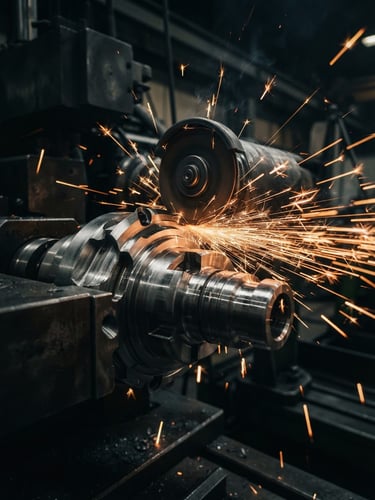 Macro detail shot of a high-tolerance machined steel component, warm amber sparks casting dramatic shadows, high-contrast industrial lighting, sharp focus, 50mm lens.