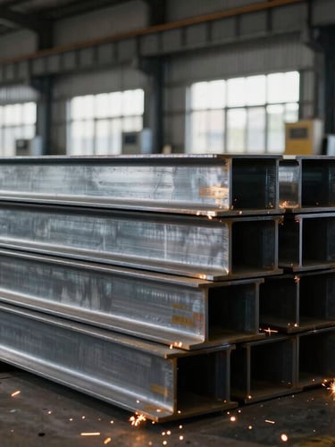Wide-angle environmental shot of an active fabrication yard, heavy steel beams stacked under dramatic warehouse window light, metallic steel tones.