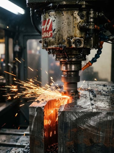 Close-up of a heavy industrial CNC milling machine head cutting through structural steel, high-contrast lighting with orange sparks, metallic steel tones, sharp focus, 50mm lens