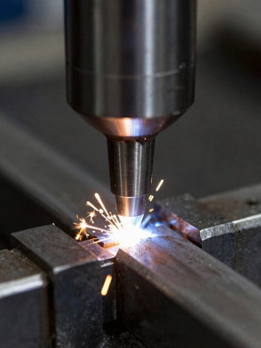 Macro close-up of a steel weld being tested with ultrasonic probe, high-contrast industrial lighting, metallic steel tones, sharp focus, 50mm lens