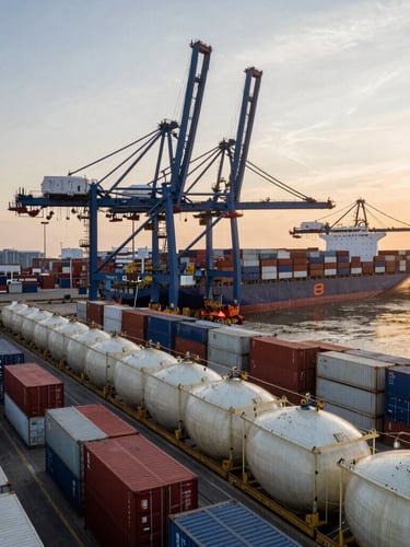 Wide-angle industrial port terminal at golden hour, rows of shipping containers and flexitanks being loaded onto a container vessel, water reflecting steel cranes.