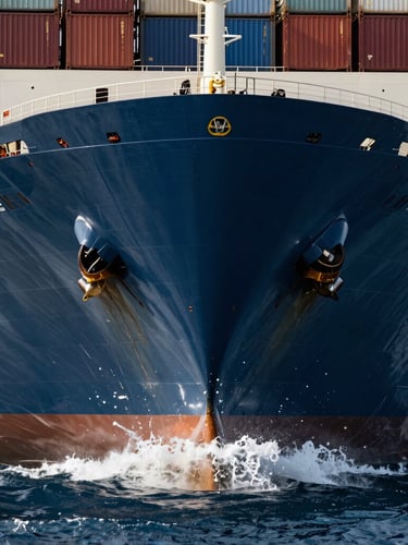 Extreme close-up of a massive container vessel bow slicing through dark blue water, high-contrast cool industrial lighting, sharp metal textures.