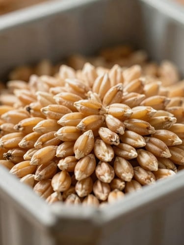 Close-up macro shot of raw golden wheat kernels piled inside a clean cargo container, sharp side lighting highlighting texture and purity.