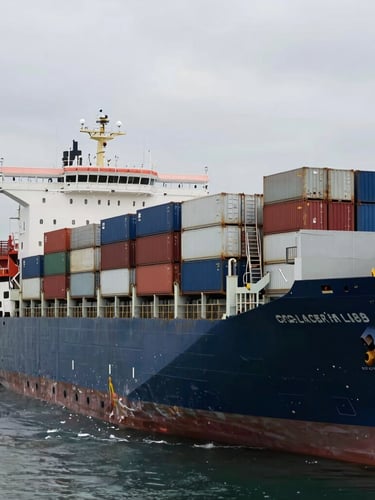 A massive container vessel loading refrigerated cargo at a deep-water port, cool industrial overcast daylight, high-contrast composition