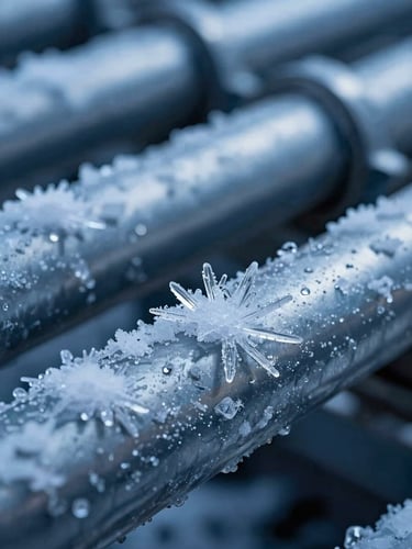 Macro close-up of pure ice crystals forming on steel industrial refrigeration pipes, sharp focus, cool blue lighting