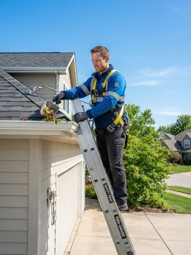 A professional gutter technician in branded safety gear standing securely on a ladder, bright natural daylight, clean blue sky