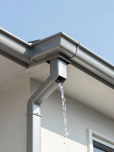 Close-up of clean metal gutters on a modern suburban house, clear water flowing cleanly through a downspout, bright natural daylight
