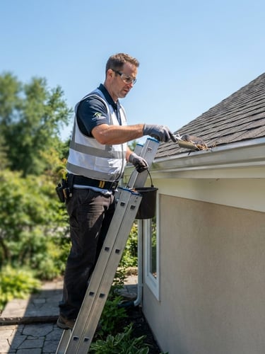 Medium shot of a professional technician in a branded safety vest on a secure ladder cleaning a clean metal gutter, bright natural daylight, clear blue sky, crisp commercial photography.