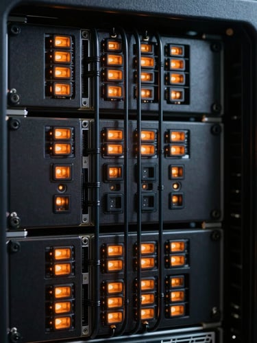 Macro shot of high-performance server rack architecture, sharp orange LED indicators, deep shadows, vertical technical lines