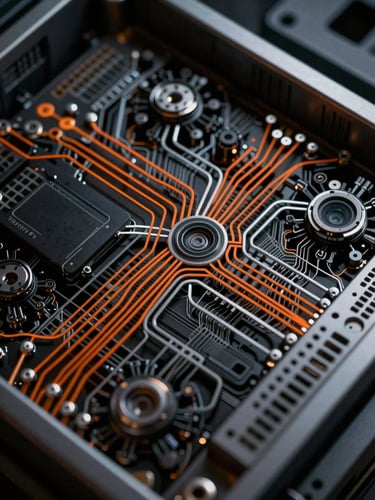 Extreme close-up of high-end server architecture, sharp orange and silver vector paths, low-key lighting with deep shadows, technical schematics overlay.