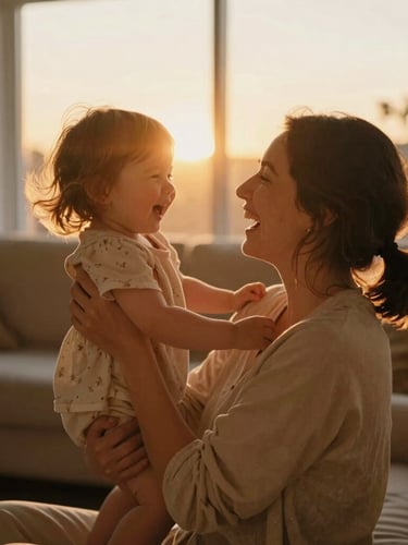 A mother holding her toddler daughter, both laughing as they are backlit by warm golden sunset light in a cozy living room, natural movement, cinematic film grain