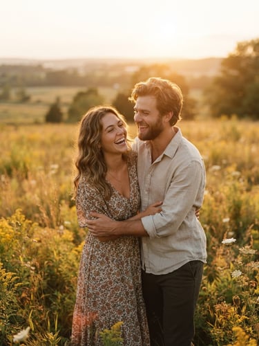 A warm, sun-drenched cinematic portrait of a happy couple laughing together in a golden-hour field, soft nostalgic earth tones, shallow depth of field, 35mm film