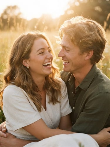 Close-up cinematic shot of a young couple laughing together in a sun-drenched meadow, warm golden-hour light filtering through their hair, soft focus, 35mm film style