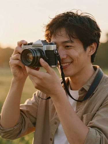 Candid portrait of a friendly male photographer holding a vintage film camera, warm golden-hour backlighting, soft natural background, smiling genuinely
