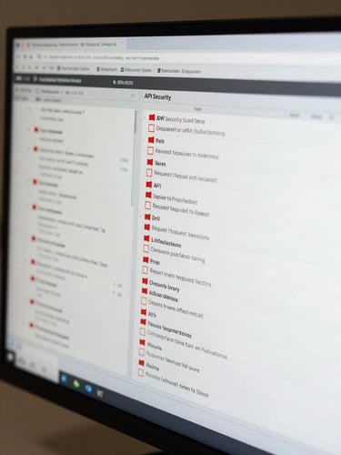 Close-up overhead of a wide monitor displaying dense API security scan output — red-flagged endpoints, status codes, request headers — under cool even studio lighting, no human faces, documentation feel
