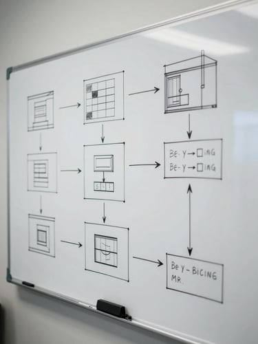 Close overhead view of a large whiteboard covered in architecture diagrams mid-session — marker lines, system boxes, arrows half-drawn — under cool even studio lighting, no people visible, work clearly in progress