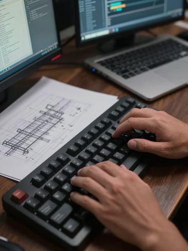 Close-up overhead of an engineer's hands on a mechanical keyboard, multiple terminal windows open on a dark monitor, architecture diagram sketched on paper beside the laptop, cool even studio lighting, no faces visible