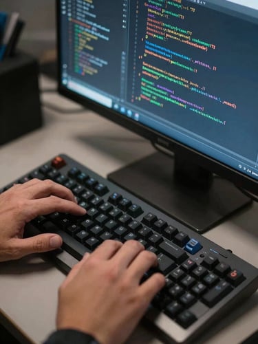Close-up overhead of an engineer's hands on a mechanical keyboard, IDE open on a wide monitor showing dense code, cool even studio lighting, sharp focus on the screen text and fingertips
