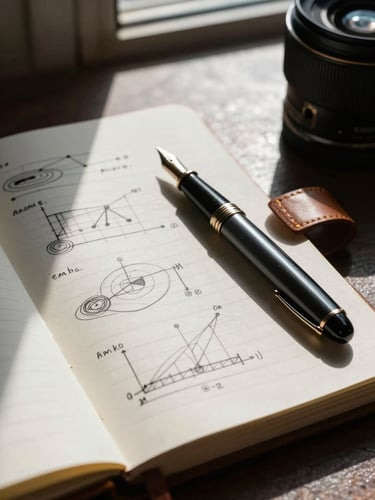 A close-up, high-contrast photograph of a structured leather notebook, a classic fountain pen, and hand-sketched analytical frameworks under natural window light with deep shadows.