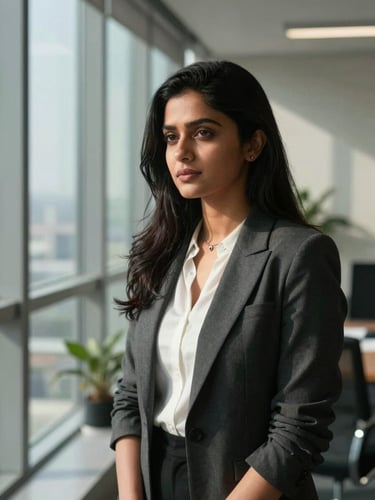 Tight, focused portrait of Kirti Dikshit in a modern architectural office, natural window light creating deep shadows, professional and analytical expression.