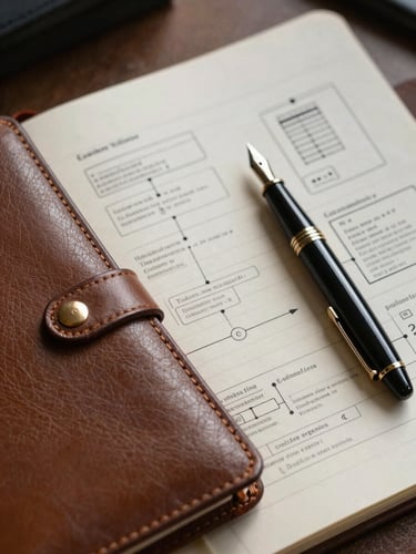 An editorial close-up of a structured leather notebook, a classic fountain pen, and analytical frameworks printed on heavy cream paper under directional window light