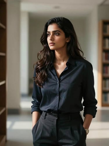 A sharp, high-end editorial portrait of Kirti Dikshit in a sunlit, minimalist architectural library, deep shadows, looking thoughtful, vertical composition.
