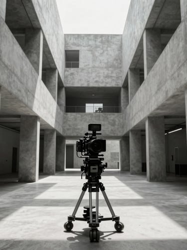 Symmetrical wide shot of a high-end camera rig on a professional film set inside a modern concrete commercial building, dramatic architectural shadows, sharp low-key lighting, polar-white highlights.