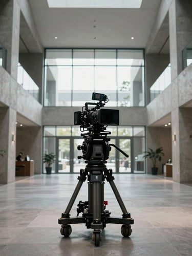 Wide symmetrical shot of a high-end commercial film set inside a modern concrete and glass lobby, a professional camera rig on a dolly, dramatic low-key architectural lighting