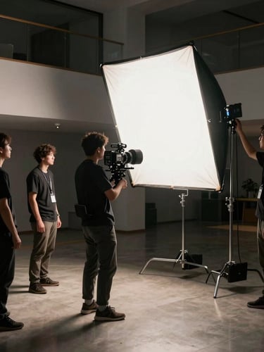 Low-key interior shot of a professional film crew adjusting a large lighting setup in a modern architectural space, dramatic shadows.