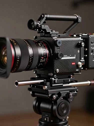 Extreme close-up of a high-end cinema camera rig mounted on a heavy stabilizer, low-key lighting reflecting off matte black metal and carbon fiber, shallow depth of field
