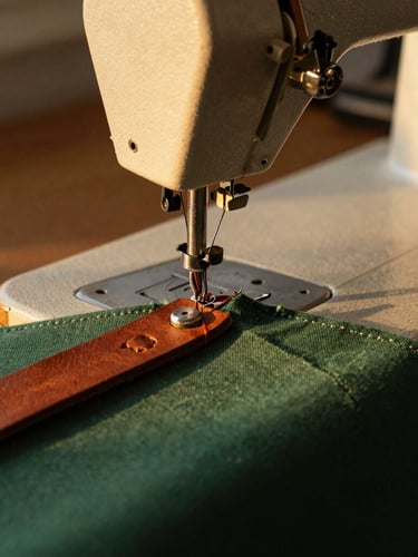 Extreme close-up of a heavy-duty sewing machine stitching a thick leather strap onto forest green duck canvas, warm golden-hour side lighting.