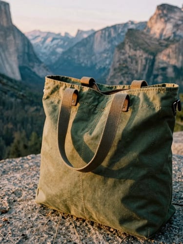 Close-up of a rugged forest green canvas tote bag resting on a granite boulder, golden hour light highlighting the heavy stitching, Yosemite valley in the soft-focus background, medium format film style.