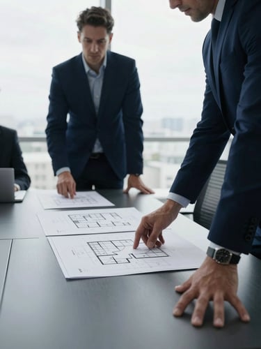 Professional collaborative boardroom with architectural plans on a large table, sharp focus, cool overcast daylight, deep navy tones
