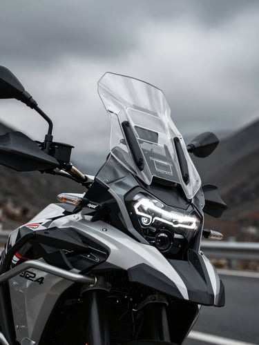 Low-angle close-up of a thick 4mm clear acrylic windshield mounted on a premium adventure motorcycle, dramatic overcast mountain pass, high-contrast desaturated tones, sharp focus, 35mm lens.