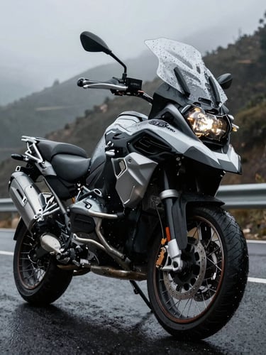 Low-angle dramatic shot of a BMW R1250GS parked on a wet mountain highway, showing a thick optically clear custom windshield with water droplets, overcast dramatic lighting, rugged look.