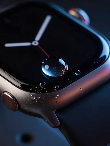 Extreme macro crop of smartwatches showing metallic textures, glass reflections, and water resistance droplets, moody studio product photography, high-contrast neon rim lighting, deep shadows