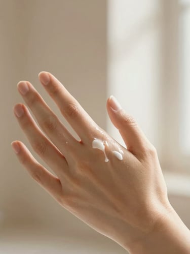 Soft close-up of glowing skin with a delicate hand applying a rich, velvety cream, warm morning light, shallow depth of field, 35mm
