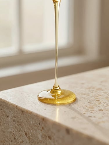 Macro close-up of luxurious golden oil dripping onto a smooth travertine stone, soft morning window light, warm champagne tones, shallow depth of field, 35mm