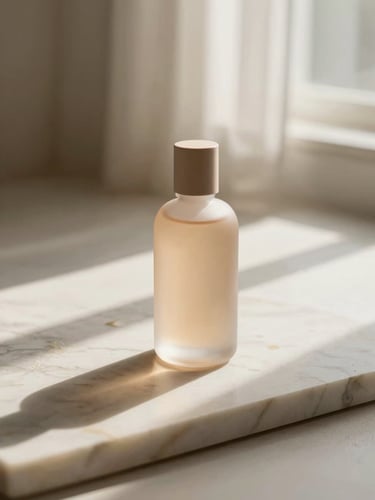 Elegant frosted glass bottle resting on a raw marble slab, delicate shadows from morning light, minimalist French aesthetic, 35mm