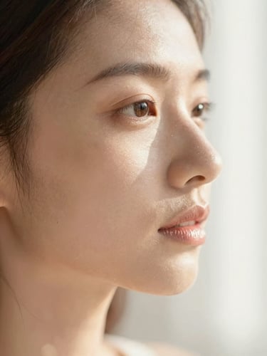 Macro close-up of glowing, healthy female skin, soft diffused morning light, shallow depth of field, warm editorial aesthetic, 35mm.