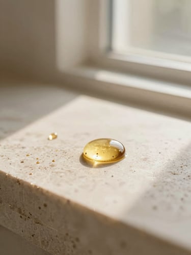 Macro close-up of golden oil droplets glistening on a light travertine stone surface, warm morning window light, shallow depth of field, 35mm.