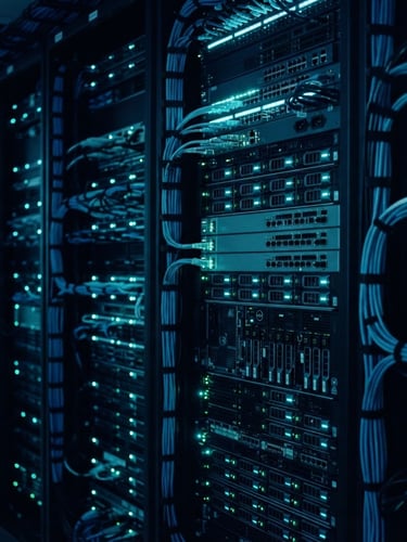 Sleek server racks with glowing cyan indicator lights, clean network cable management, cool-toned technical blueprint aesthetic, 35mm