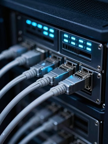 Close-up of server hardware, clean network cables, cool-toned low-key studio lighting, sharp focus, macro detail